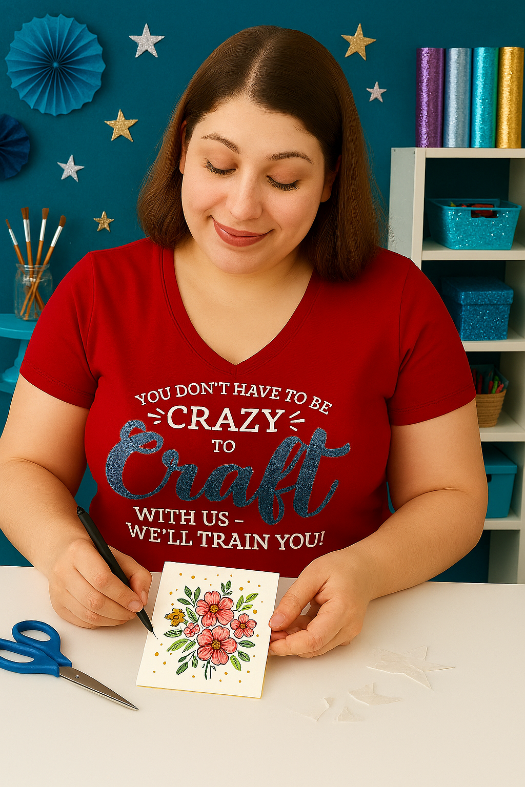 You Don't Have to Be Crazy to Craft with Us, We'll Train You V-Neck Tee