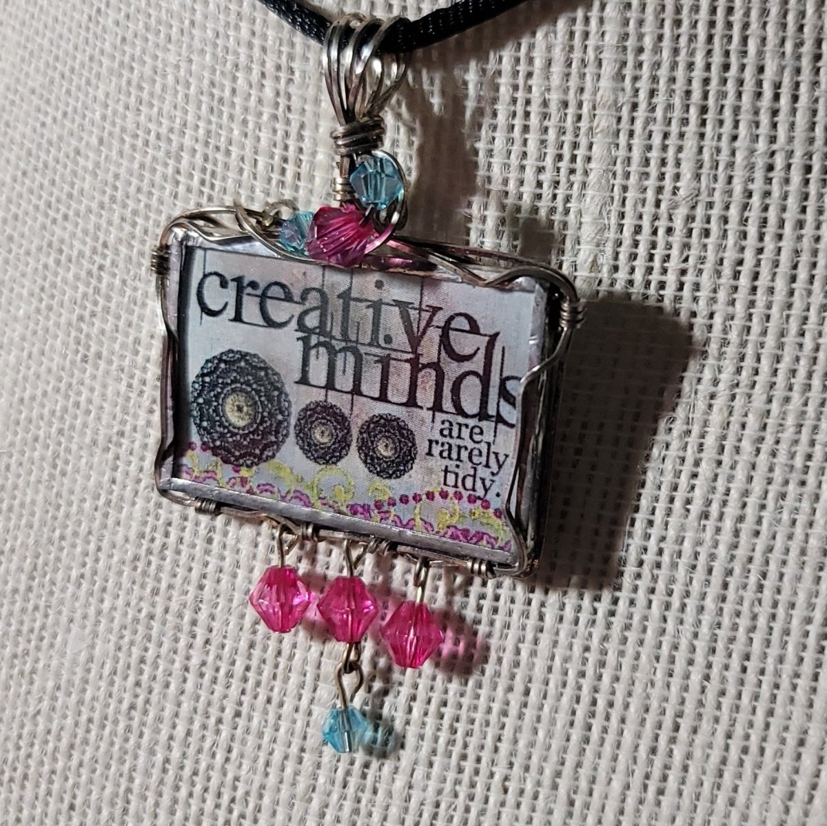 Creative Minds Are Rarely Tidy Wire Wrapped Handmade Stained - Glass Pendant - BluSparkle