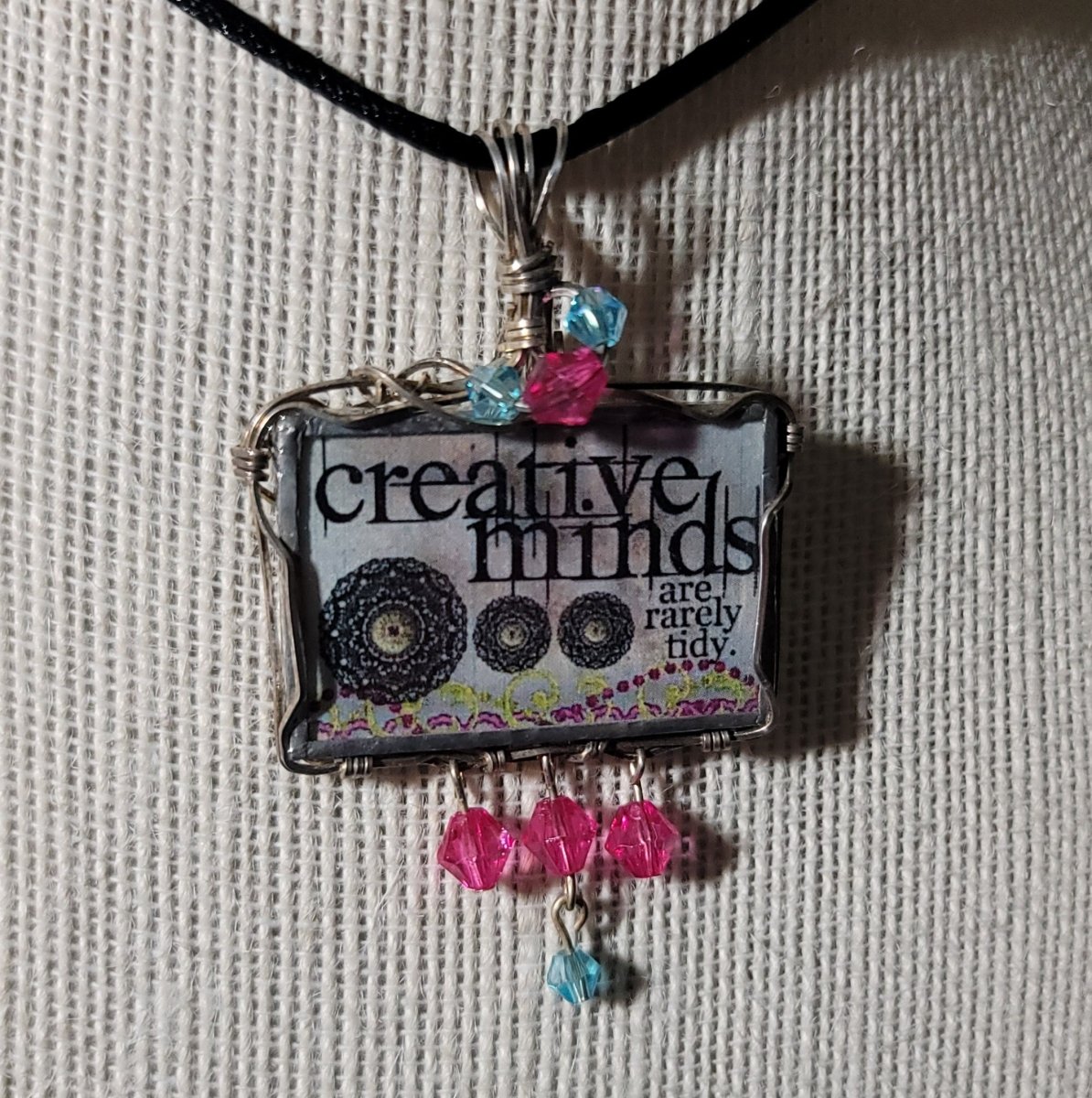 Creative Minds Are Rarely Tidy Wire Wrapped Handmade Stained - Glass Pendant - BluSparkle