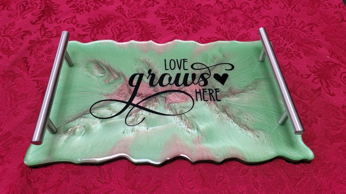 Custom Handmade 'Love Grows Here' Resin Serving Tray - BluSparkle