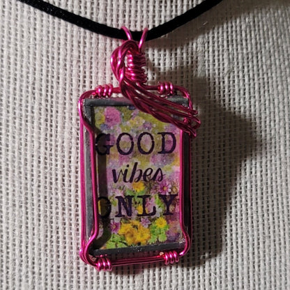 Good Vibes Only Wire Wrapped Handmade Stained - Glass Pendant - BluSparkle