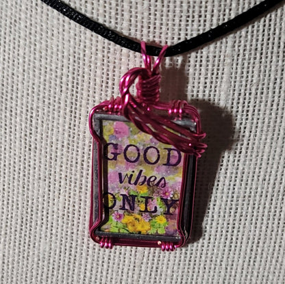 Good Vibes Only Wire Wrapped Handmade Stained - Glass Pendant - BluSparkle