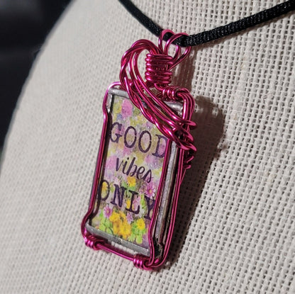 Good Vibes Only Wire Wrapped Handmade Stained - Glass Pendant - BluSparkle