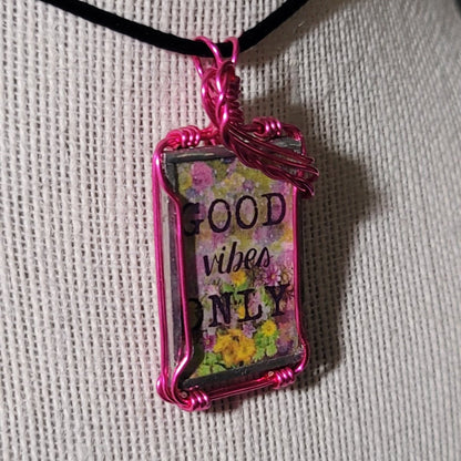 Good Vibes Only Wire Wrapped Handmade Stained - Glass Pendant - BluSparkle
