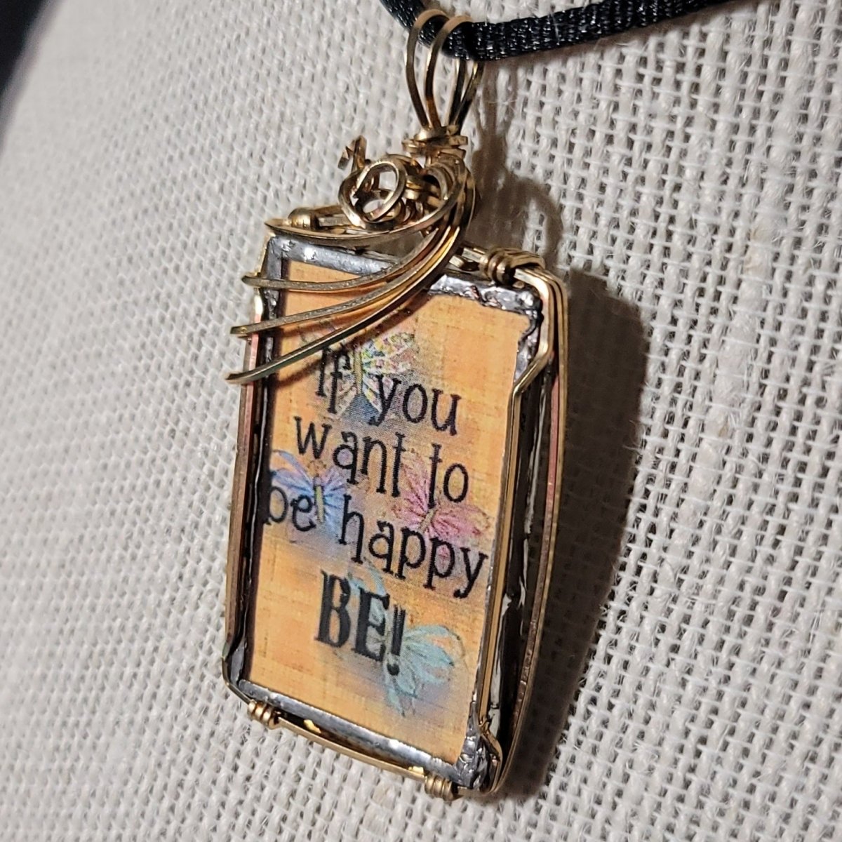 If You Want To Be Happy Wire Wrapped Handmade Stained - Glass Pendant - BluSparkle