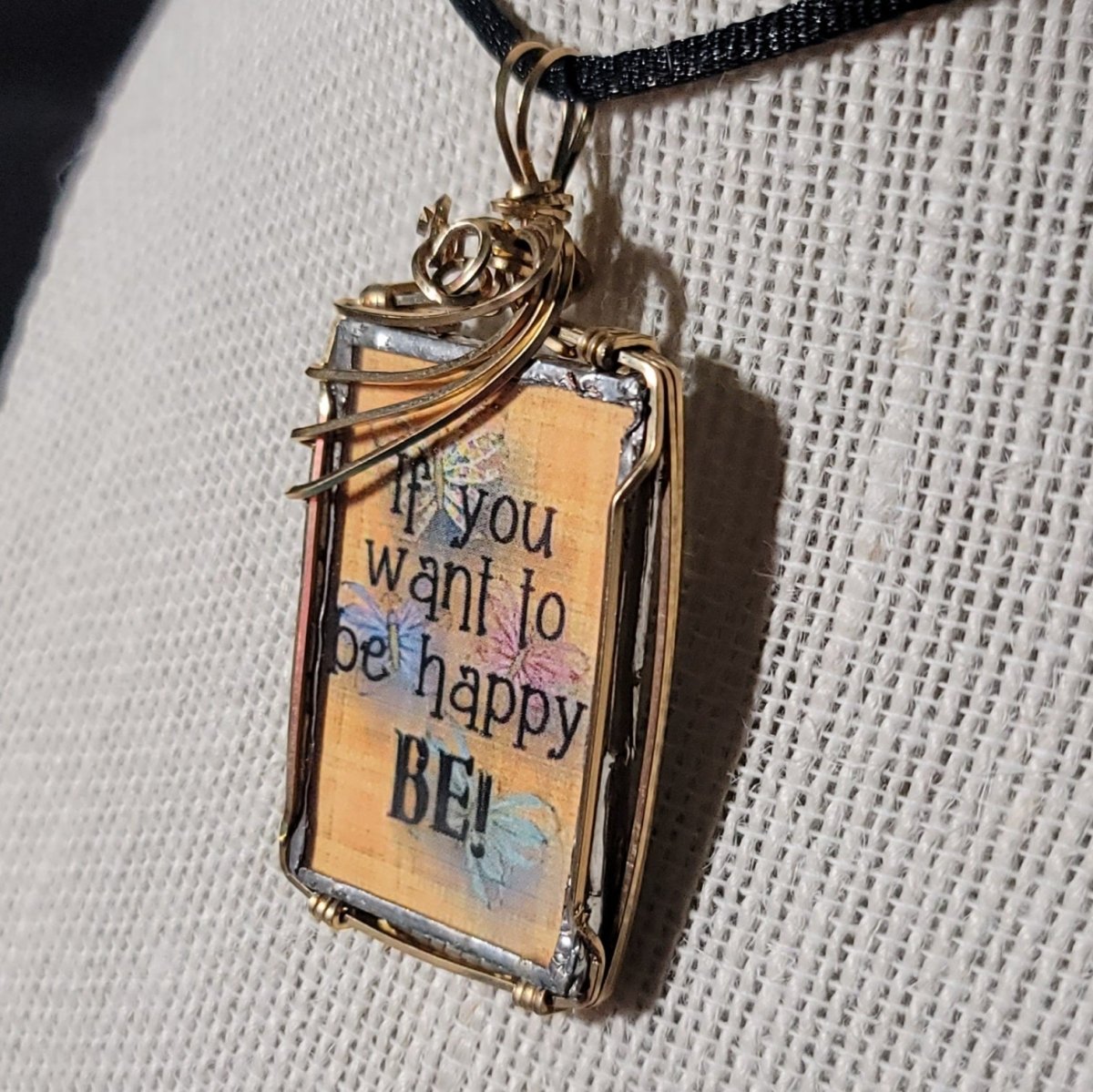 If You Want To Be Happy Wire Wrapped Handmade Stained - Glass Pendant - BluSparkle