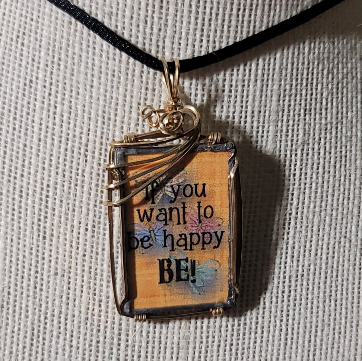 If You Want To Be Happy Wire Wrapped Handmade Stained - Glass Pendant - BluSparkle