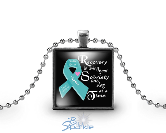 Personalized "Recovery is Living Your Sobriety One Day at a Time" Square Pendants - BluSparkle