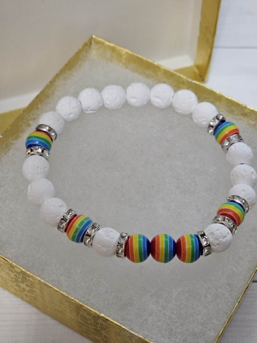 White & Crystal Rainbow LGBTQ+ Pride Diffuser Bracelet - BluSparkle