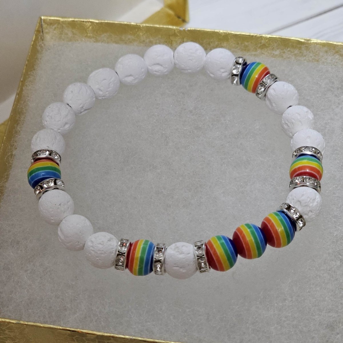 White & Crystal Rainbow LGBTQ+ Pride Diffuser Bracelet - BluSparkle